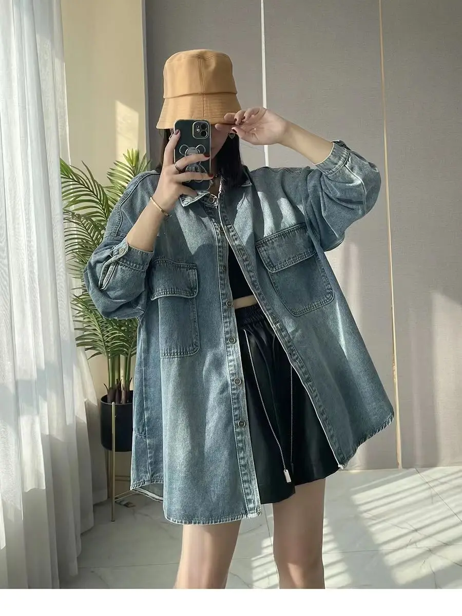 Imagem -06 - Jaquetas Soltas Versão Coreana para Mulheres Estilo Longo Retrô Camisa Jeans Roupas Simples Tendência da Moda Primavera e Aut