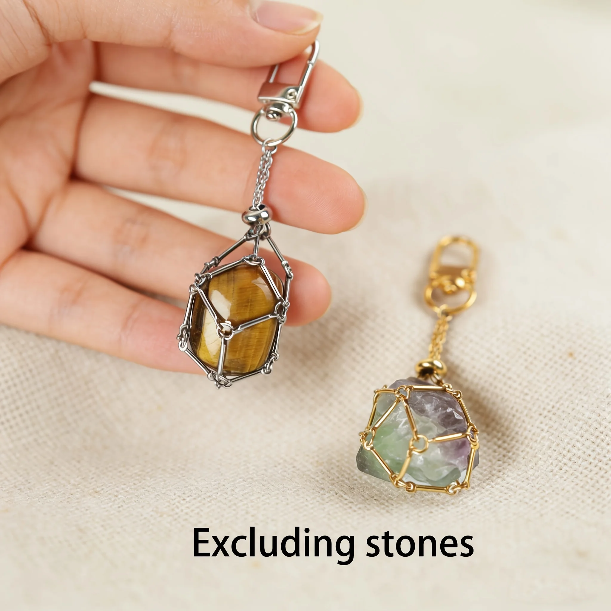 Gemstone Case Keychain Metal Mesh Pocket Keychains Portable Natural Crystal Basket Hanging Steel Gemstone Collection Rack