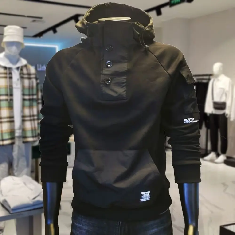 Y2k techwear outono novo botão com capuz agasalho masculino algodão carga hoodie moda masculina streetwear bolso retalhos preto hoodies