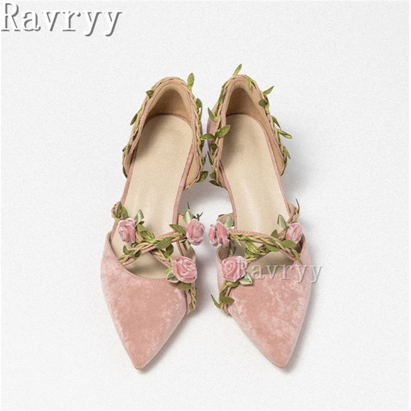 Pink Flower Vine Pointed Toe Pumps Women Shallow Middle Heel Fairy Style Female Shoes Sweet Summer New Design Sandals