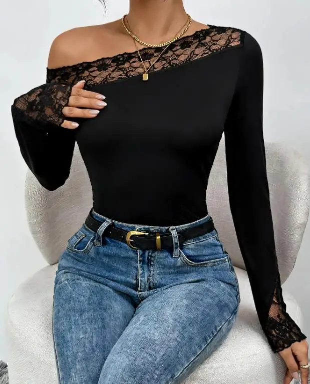 Dames Jumpsuit 2026 Lente Sexy Y2K Nieuwe Effen Kleur Kant Patchwork Schuine Kraag Off Schouder Strakke Lange Mouwen Jumpsuit