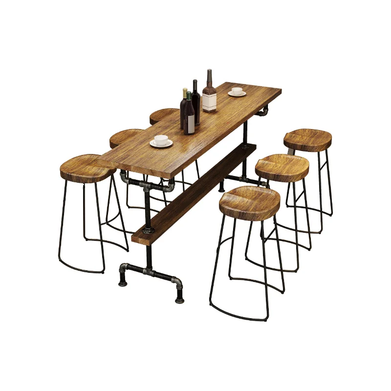 Industrial style retro water pipes, iron art solid wood bar tables and chairs, milk tea shop bars, high legged tables and chairs