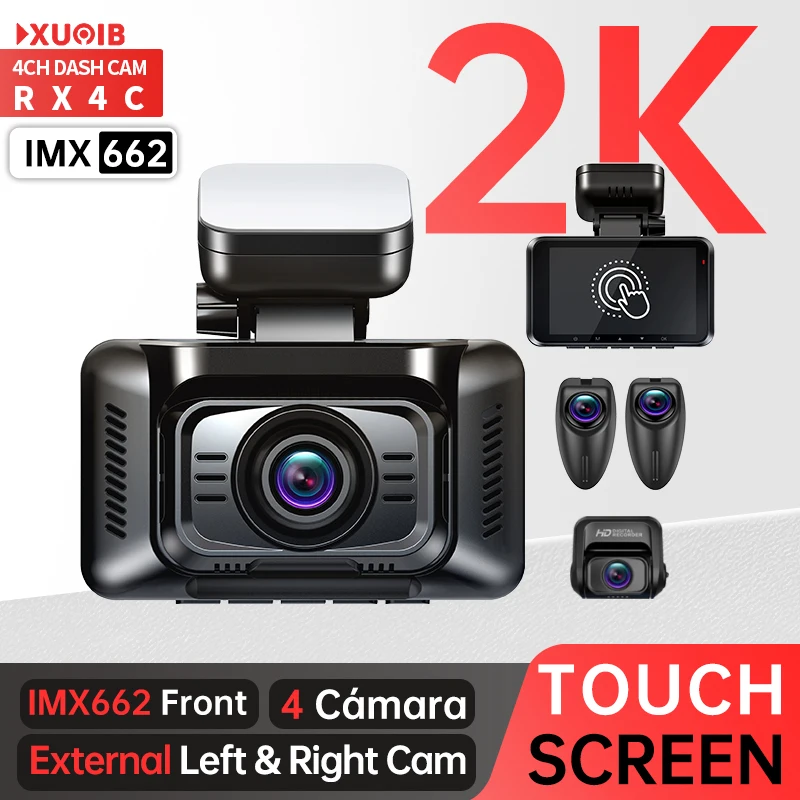 XUOIB RX4C 2K 4CH GPS Dash Cam for Car IMX662 External Left&Right Cam 4'' Touch Screen Support 24H Parking Monitor