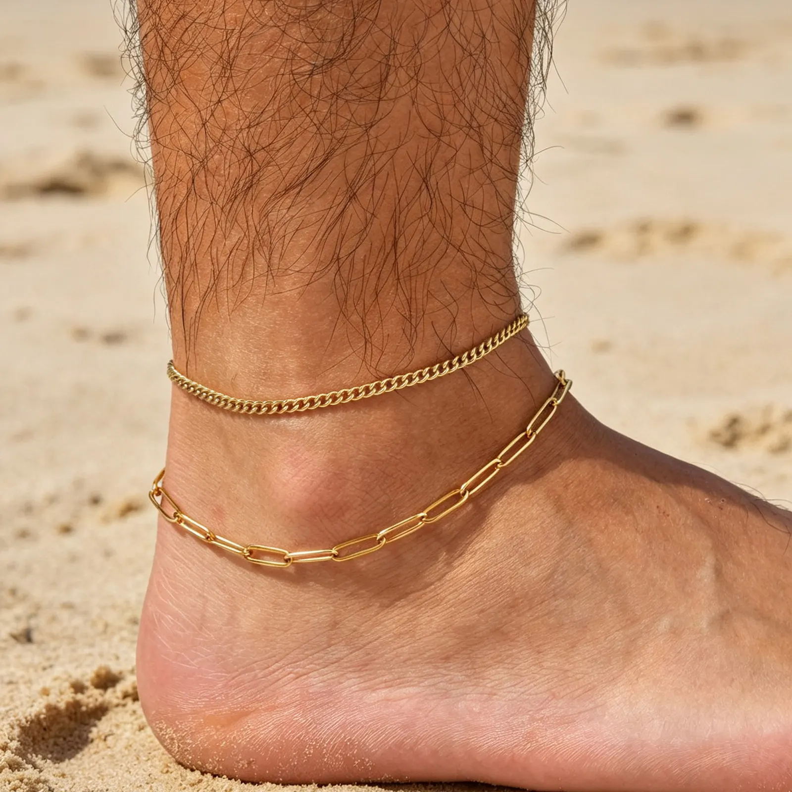 2 Stück Herren-Ketten-Fußkettchen, Hip-Hop Wasserdichtes Edelstahl Kubanisches Gliederarmband, Sommer-Strandschmuck für Jungen und Männer – Detail 9