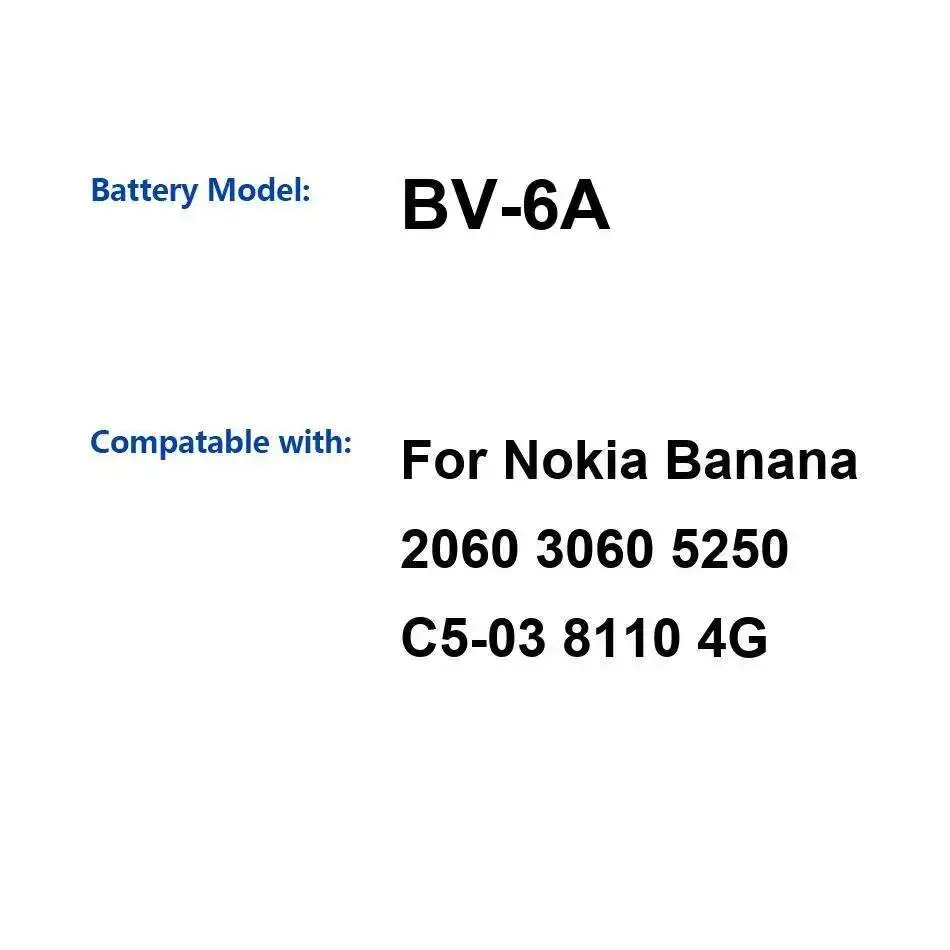 

Reliable Power Supply For Nokia Banana 2060 3060 5250 C5-03 8110 4G 1500Mah Mobile Phone Battery BV-6A