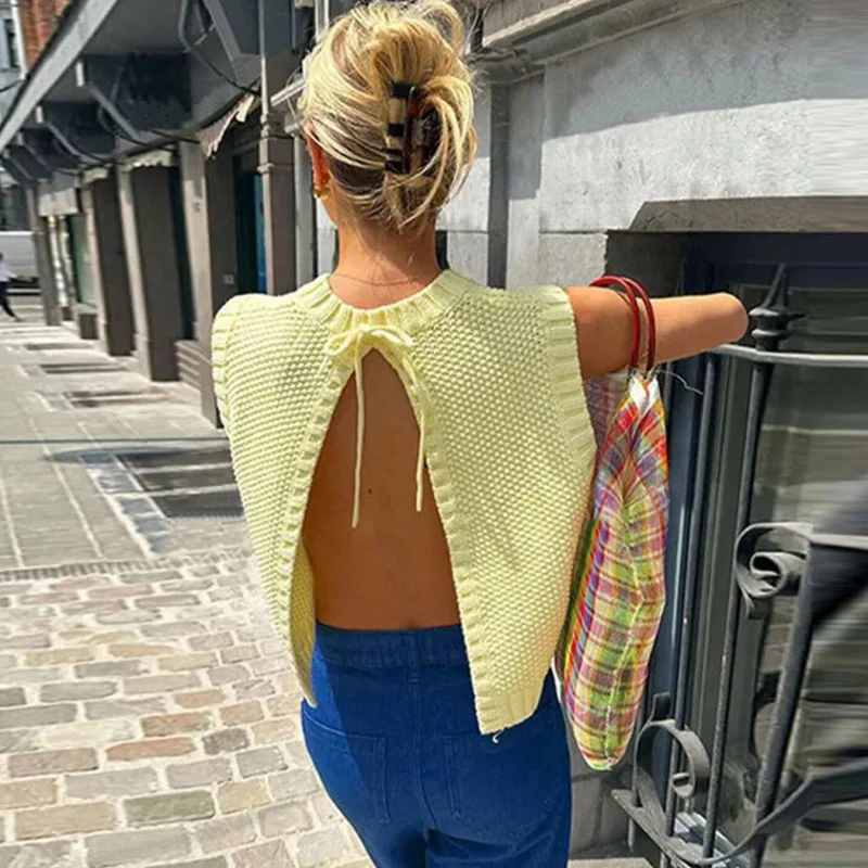 

2025Cross-Border Foreign Spring Summer New StyleinsWomen's Knitted Sexy Backless Lace-Up European and American Style Top Vest