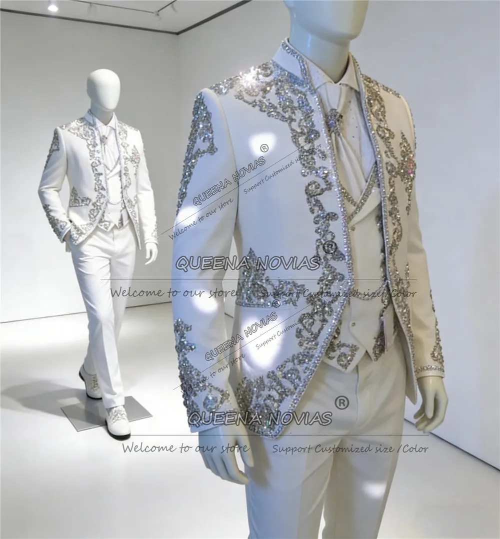 Brilliant Beaded Crystals Suit Attire For Wedding Italian Design Jacket Vest Pants 3 Piece Set Groom Tuxedos Customized Blazers