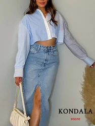 KONDALA Vintage Stripe Casual Long Sleeve Pocket Button Commute Women Shirt Fashion 2023 Summer Loose New Chic Patchwork Blouse