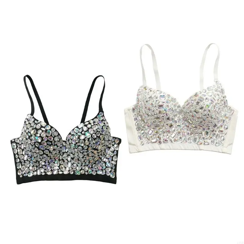 

11UE Women Sexy V-Neck for Rhinestone Bustier Bra Glitter Colored Diamond Push Up Corset Camisole Festival Strap