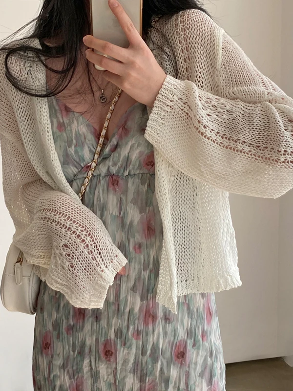 

Korean Chic Lazy Hollow out ort Sun Protection Knitted Cardigan Women's Summer Matching ter Dr Long Sve Thin Outer...