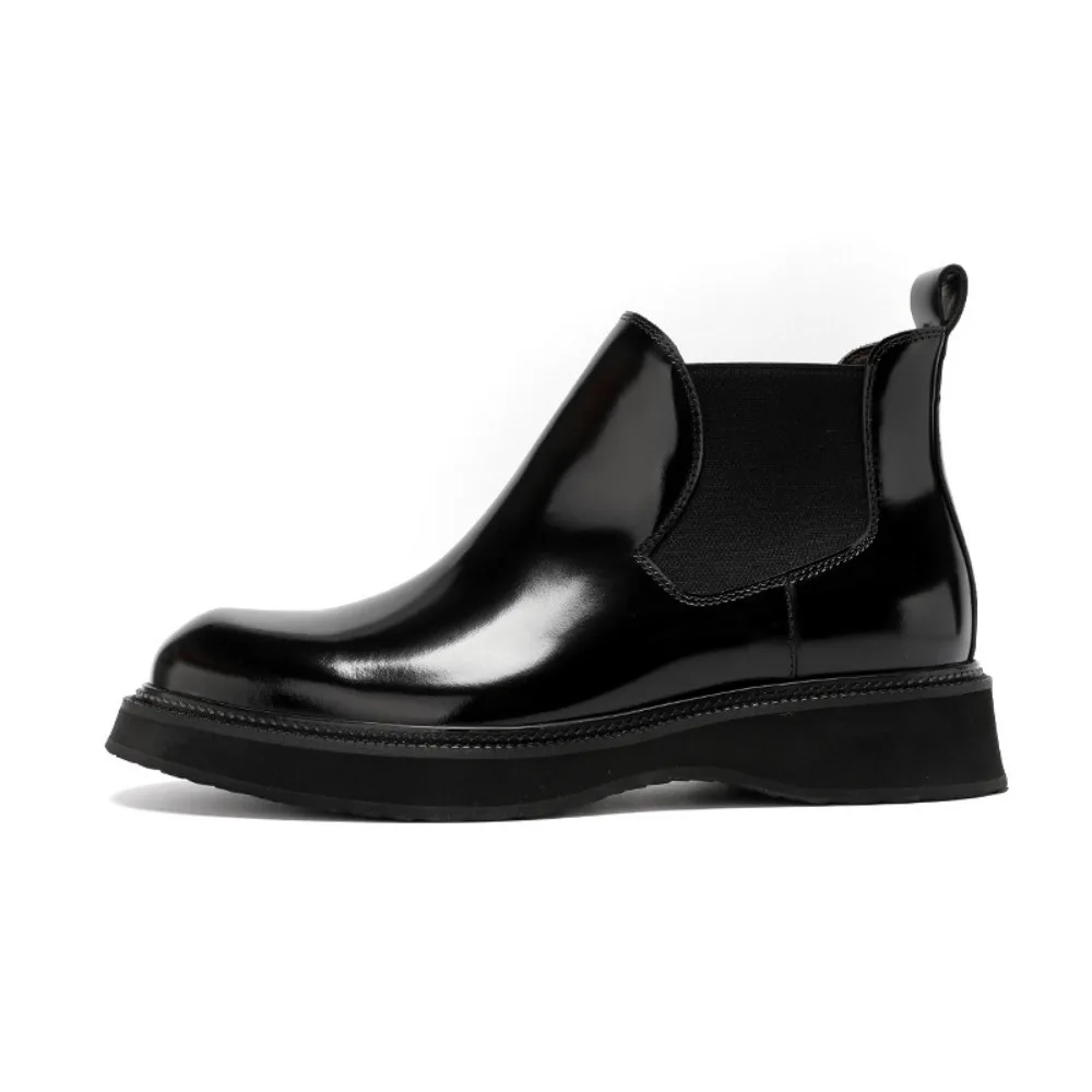 Mens Boots Genuine Leather Glossy Round Toe High Top Thick Sole Height Increasing Wear Resistant Short Boots