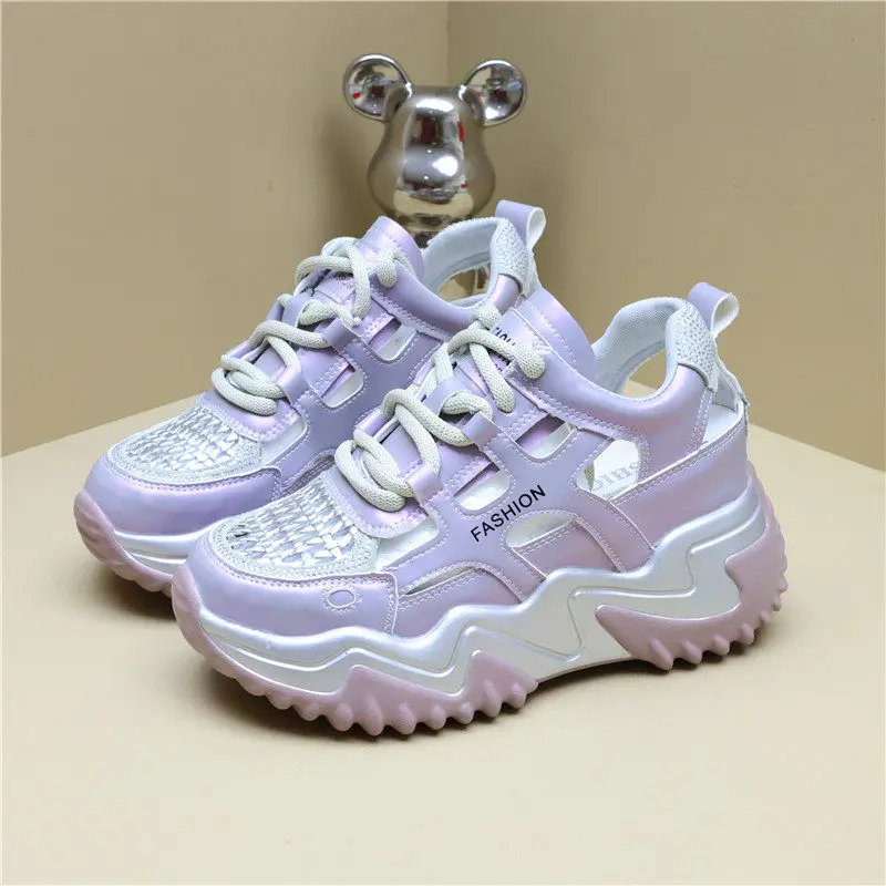 8cm Platform Sandals Women Closed Toe Hollow Out Chunky Sole Height Increasing Summer 2026 Outdoor Casual Shoes Petite Elevator