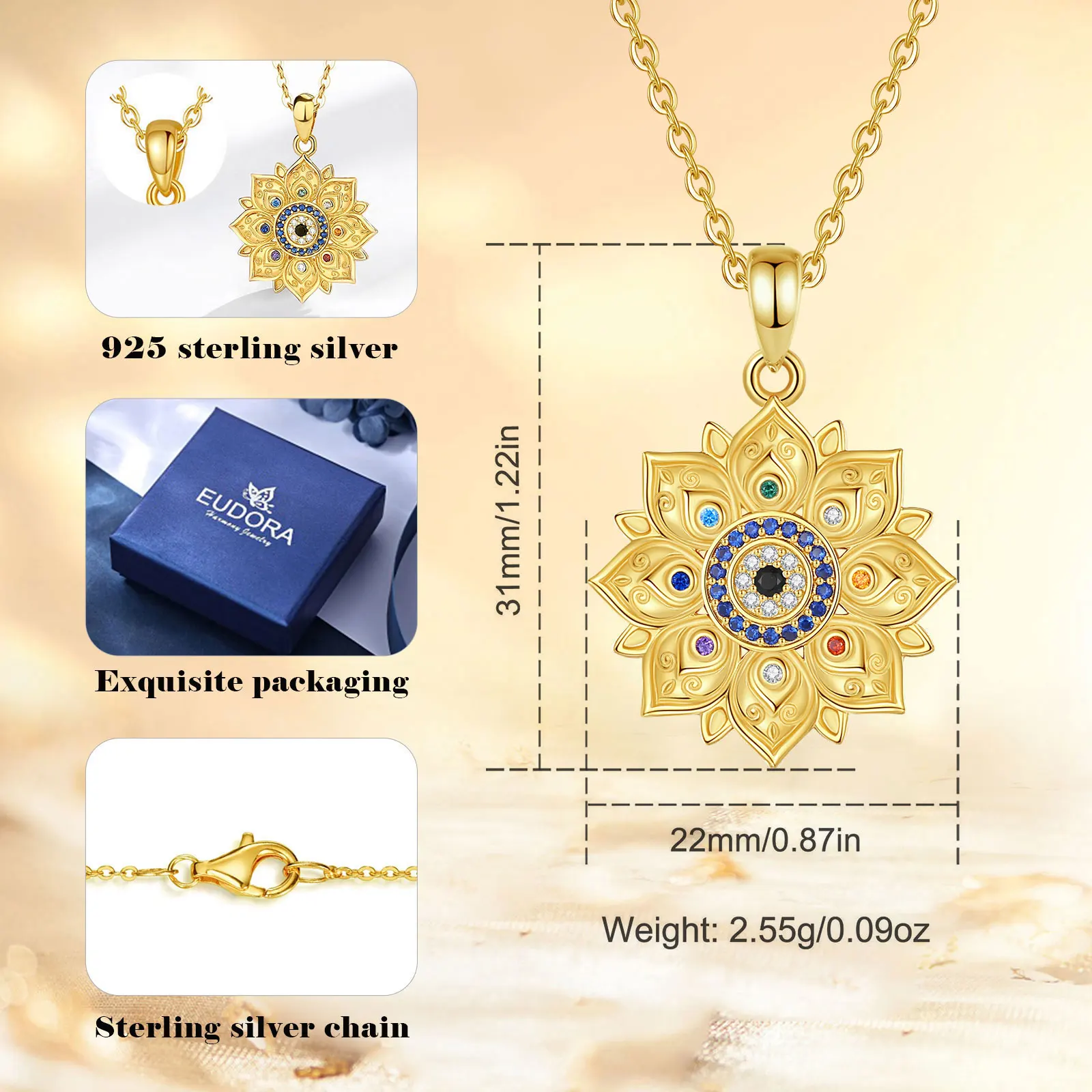 Eudora 925 Sterling Silver Lotus Evil Eye Necklace for Women Man 18K Gold Flower 7 Chakras Amulet Pendant Personality Jewelry