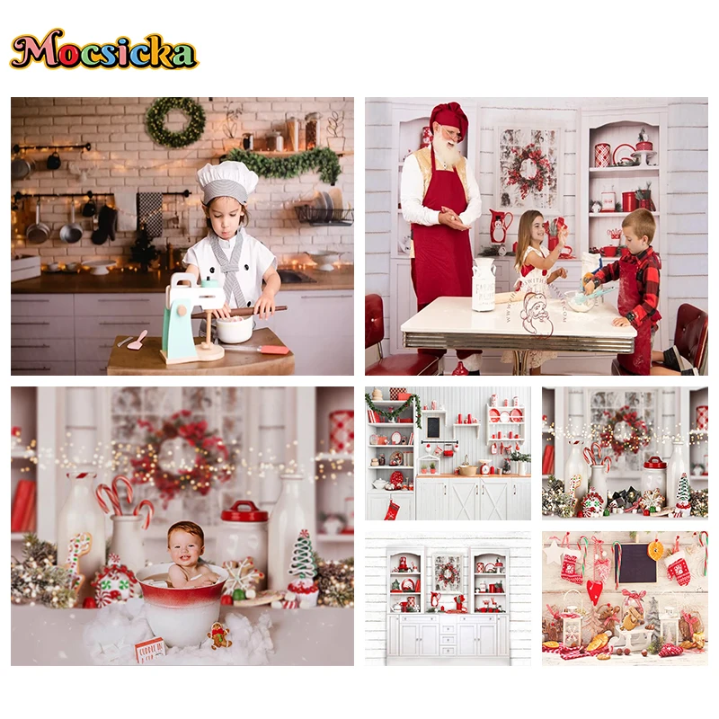 

Mocsicka Christmas Kitchen Decoration Photography Background White Wall Cabinet Plates Cup Tableware Wreath Photo Backdrop Props