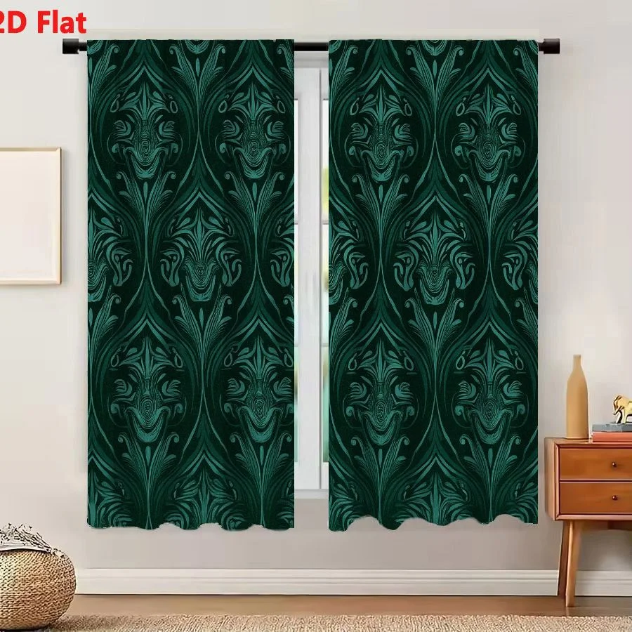 2Pcs Curtains 2D Flat Seamless Ornate Art Nouveau Green Floral Pattern For Wallpaper And Fabric Window Drapes for Bedroom Room D