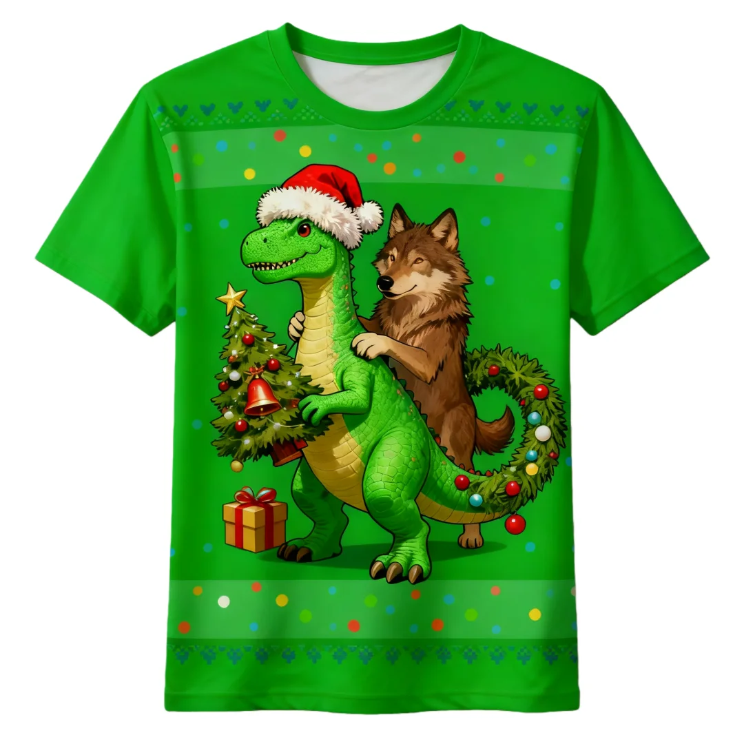 

Funny Dinosaur Wolf Pattern Men's Short Sleeve T-shirt Christmas Style Print T Shirt Hot Sell Boy's Tees Xmas Gift Trend Clothes