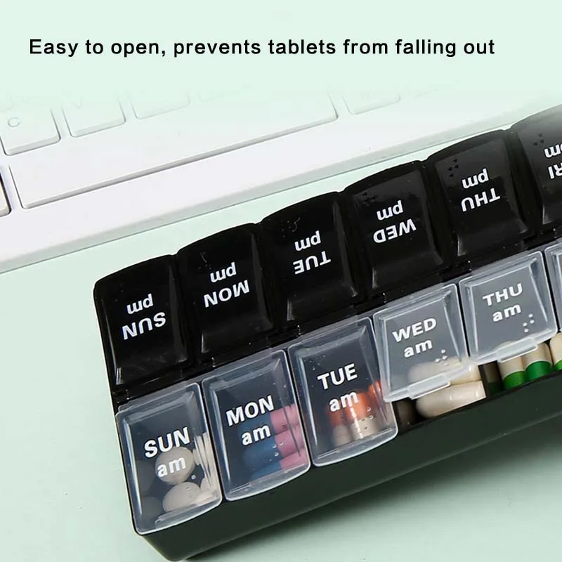 منظم أدوية السفر المحمول، صندوق تخزين مقسم لمدة 7 أيام، حاوية تخزين حبوب منع الحمل مكونة من 14 حجرة، وفيتامينات وزيت السمك