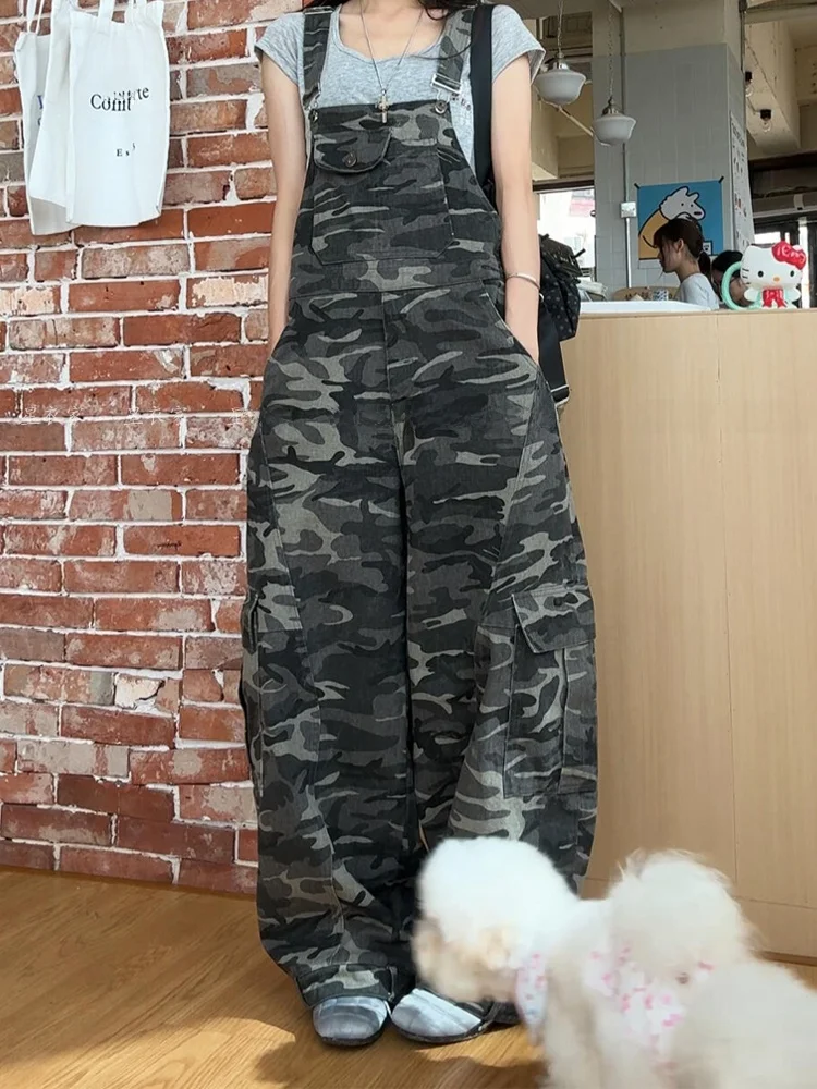 

American Retro Design Multi-Pocket Camouflage Denim Pants Women's Spicy Loose Bf Lazy Style Floor-Length Strap Pants