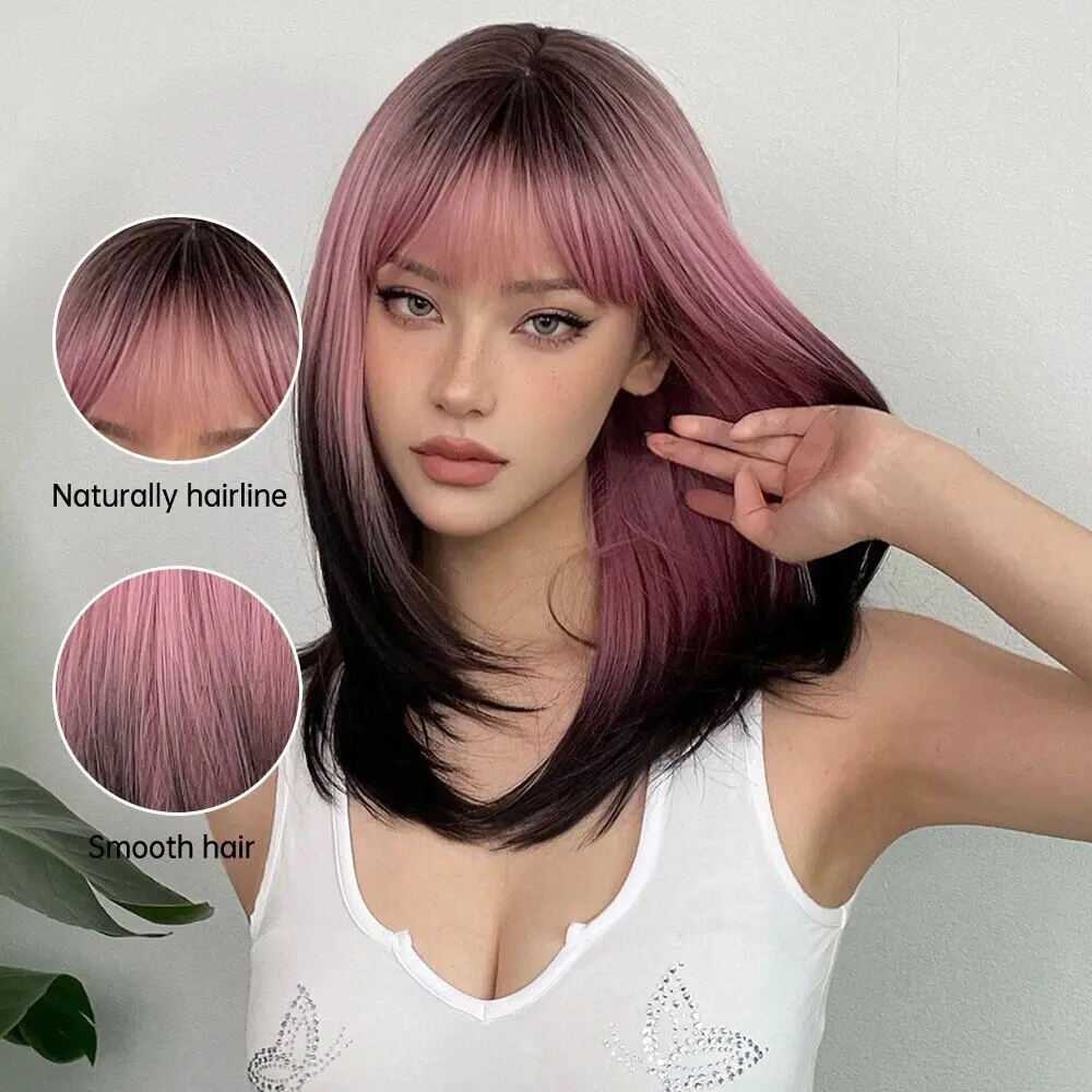 ALAN EATON Black Pink Ombre Synthetic Black Women Long Layered Straight Wigs