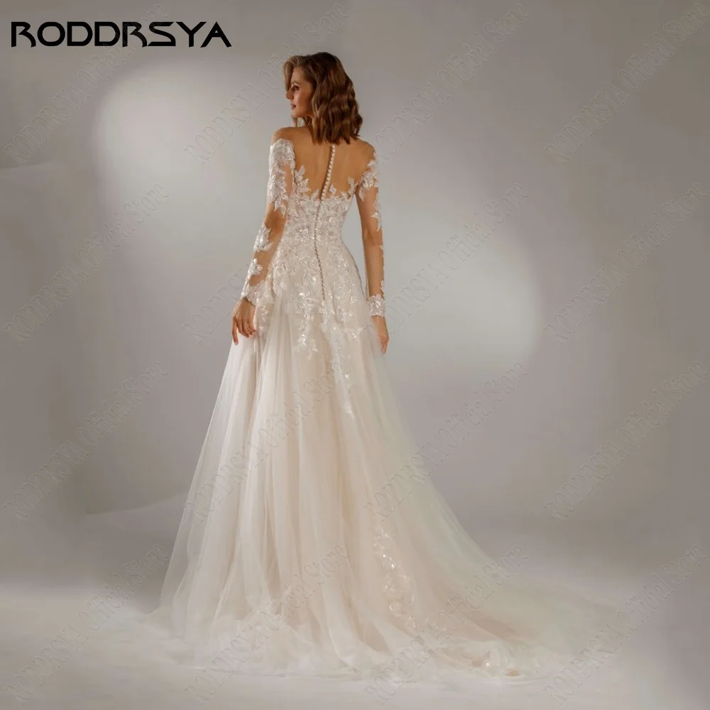 RODDRSY Moderne Licht Champagne Trouwjurken Voor Vrouw Lange Mouwen Strand Bruid Jurken IllusRODDRSY Modern Light Champagne Wedding Jurken voor Vrouw Lange Mouwen Strand Bride Gowns Illusion A-Line estido de noiva 2021