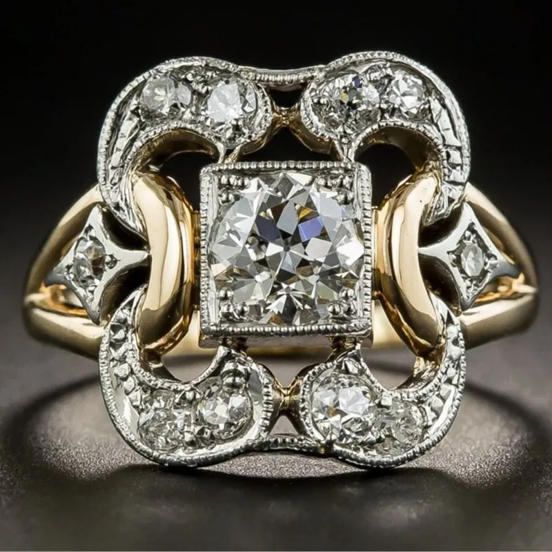 KSRA Retro Geometric Hollow Inlaid Shining Zircon For Women Creative Fashion Ring Exaggerate Party Jewelry