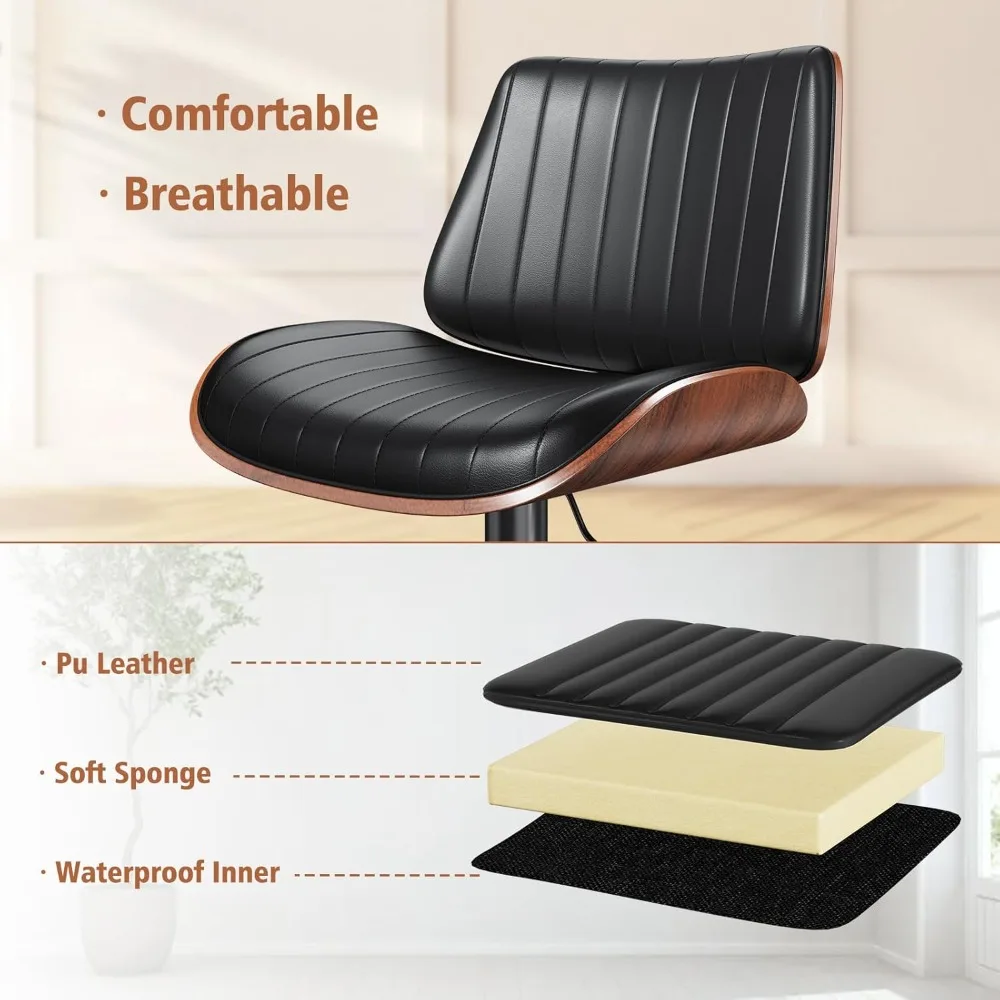 Conjunto de 3 bancos de bar, bancos de bar modernos com encosto de madeira curvada e assento de couro, bancos de bar para balcão de cozinha