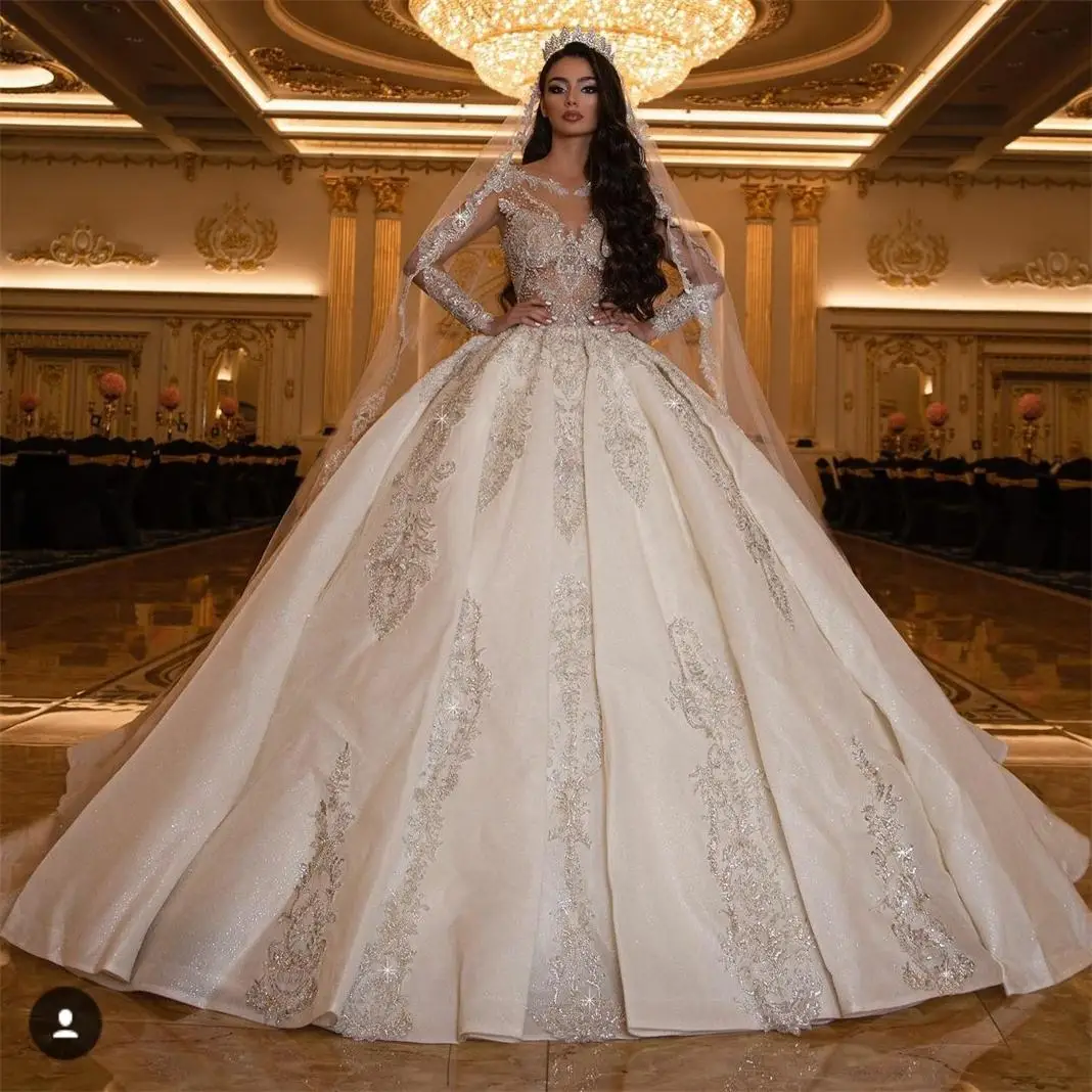 

Ball Gown Wedding Dress Luxurious V Neck Long Sleeves Floor Length Appliques Sequins Beads Strapless Crystal Robe De Mariée