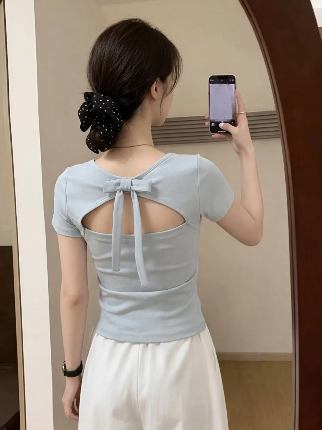 

Unique Beautiful Blue Back Hollow Knot Short Sleeve T-Shirt for Women Thin Summer Top Korean Style Commute Fashion