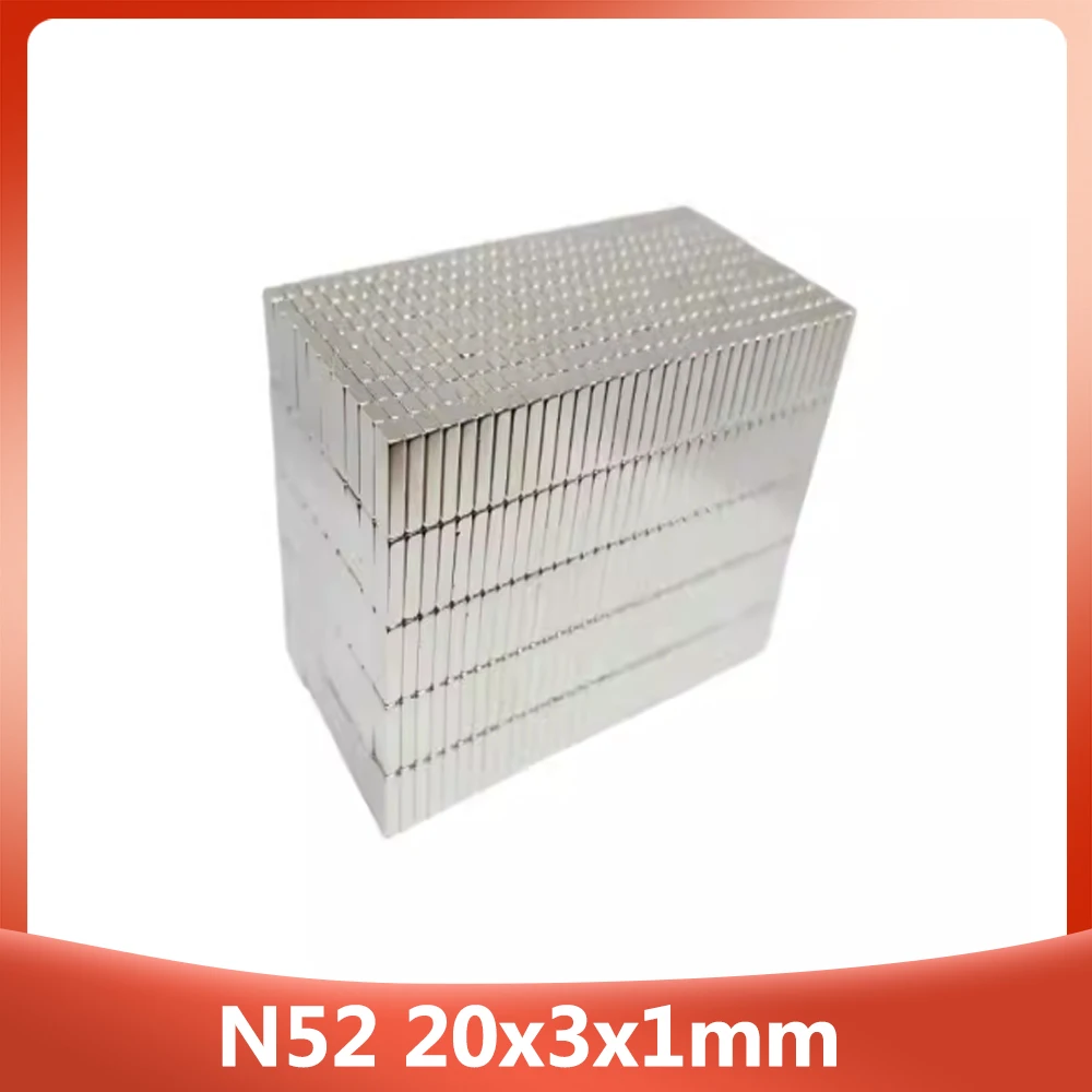 

Суперсильный прямоугольный неодимовый магнит N52 20x3x1 мм, толщина 1 мм, магнитные элементы 20*3*1 мм