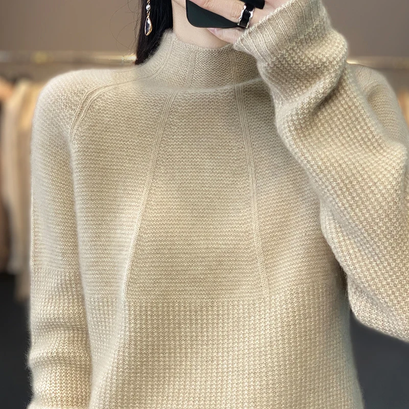 Autumn and winter new ladies 100% pure wool semi-high neck thick warm solid color sweater loose knit bottoming sweater