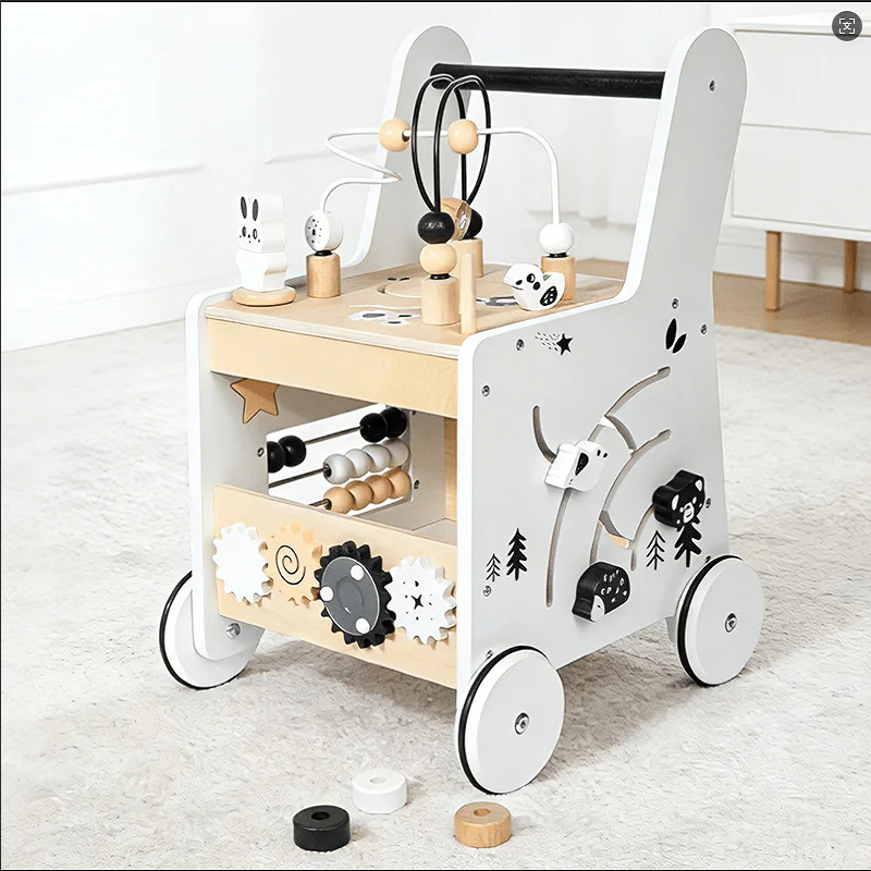 Wooden Multifunctional Nut Tool Cart Baby Push Walker Toddler Educational Walking Toy for Kids