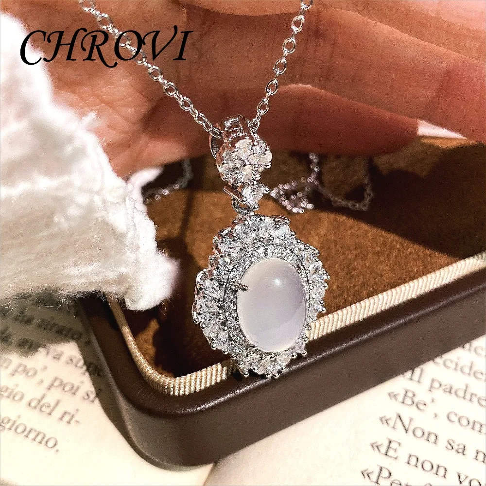 Luxuriöse Halskette aus 925er Sterlingsilber mit weißem Chalcedon-Cabochon für Damen, elegante Achat-Schlüsselbeinkette – Detail 9