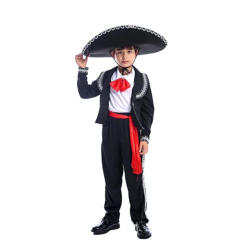 Traditional Mexican Mariachi Amigo Dance Costume For Children Kids Halloween Boys Cosplay Costumes Festival Party Clothes Hat