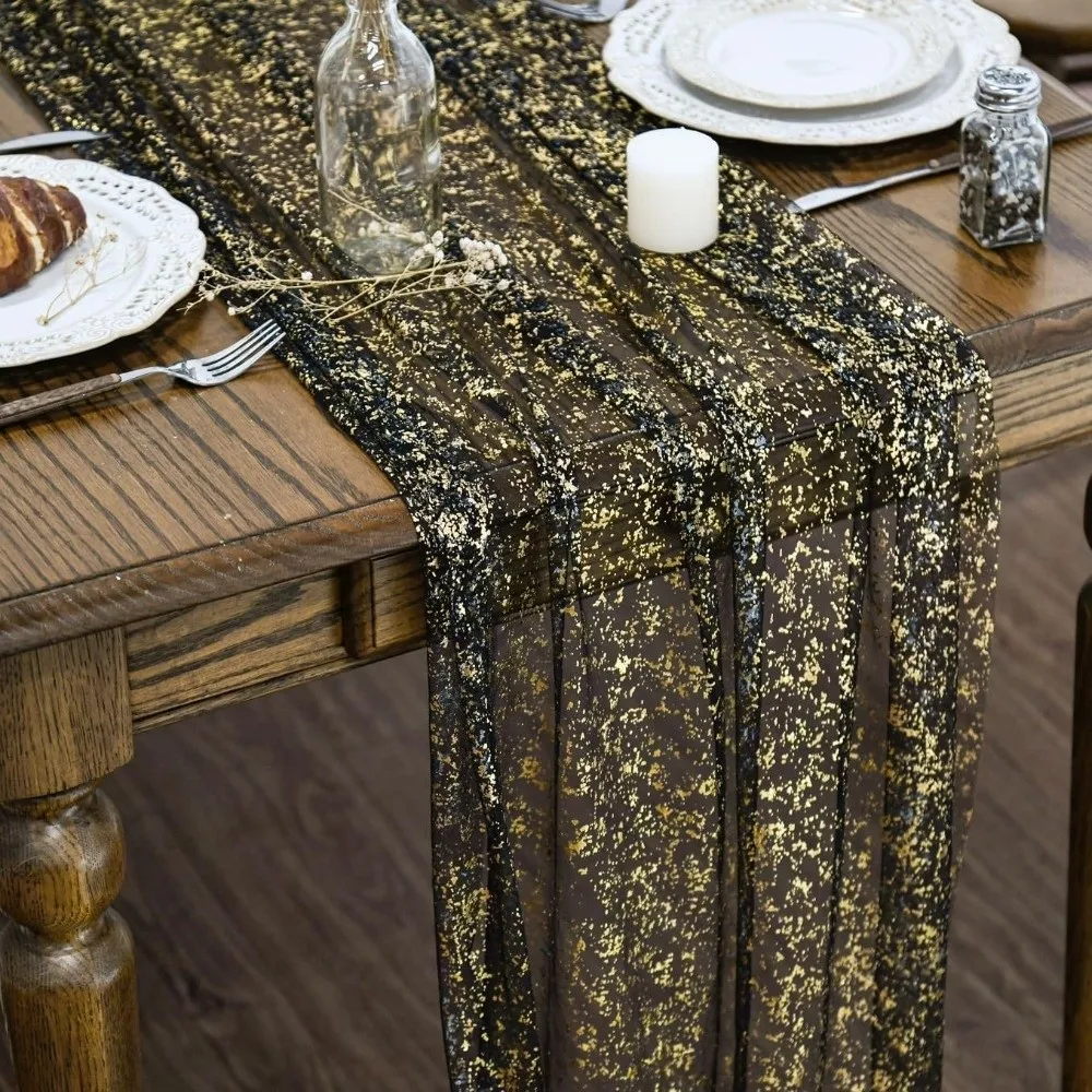 Golden Sequin Glitter Hot Stamping Table Flag Elegant European Style Glitter Table Runner Soft Luxury Sheer Tablecloth