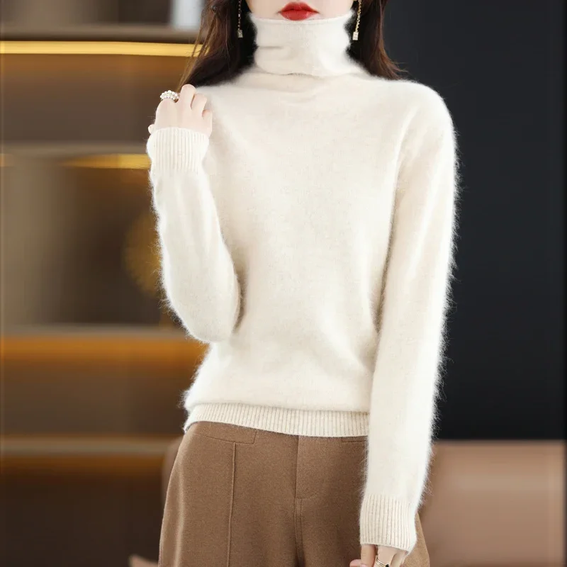 

100% Mink Cashmere Sweater Women's High Neck Pullover Long Sleeve 2024 Winter Knitted Top Warm High Quality Jumper Shirt F621