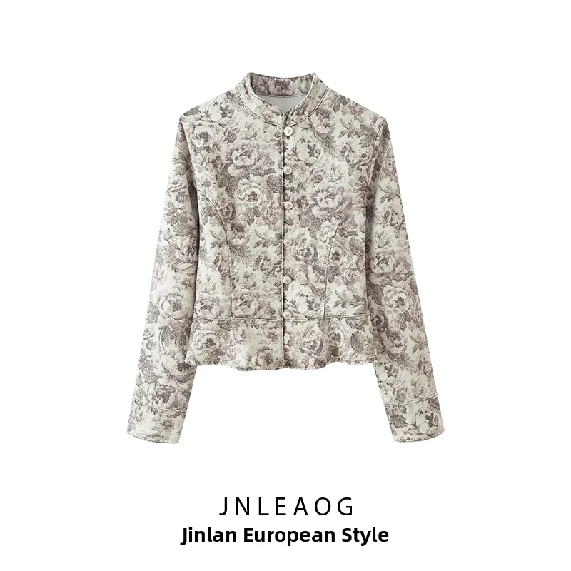 JNLEAOG Autumn New Fashionable Floral Print Short Jacket Women's Polyester Standard Fit Long Sleeve Top Versatile Outerwear