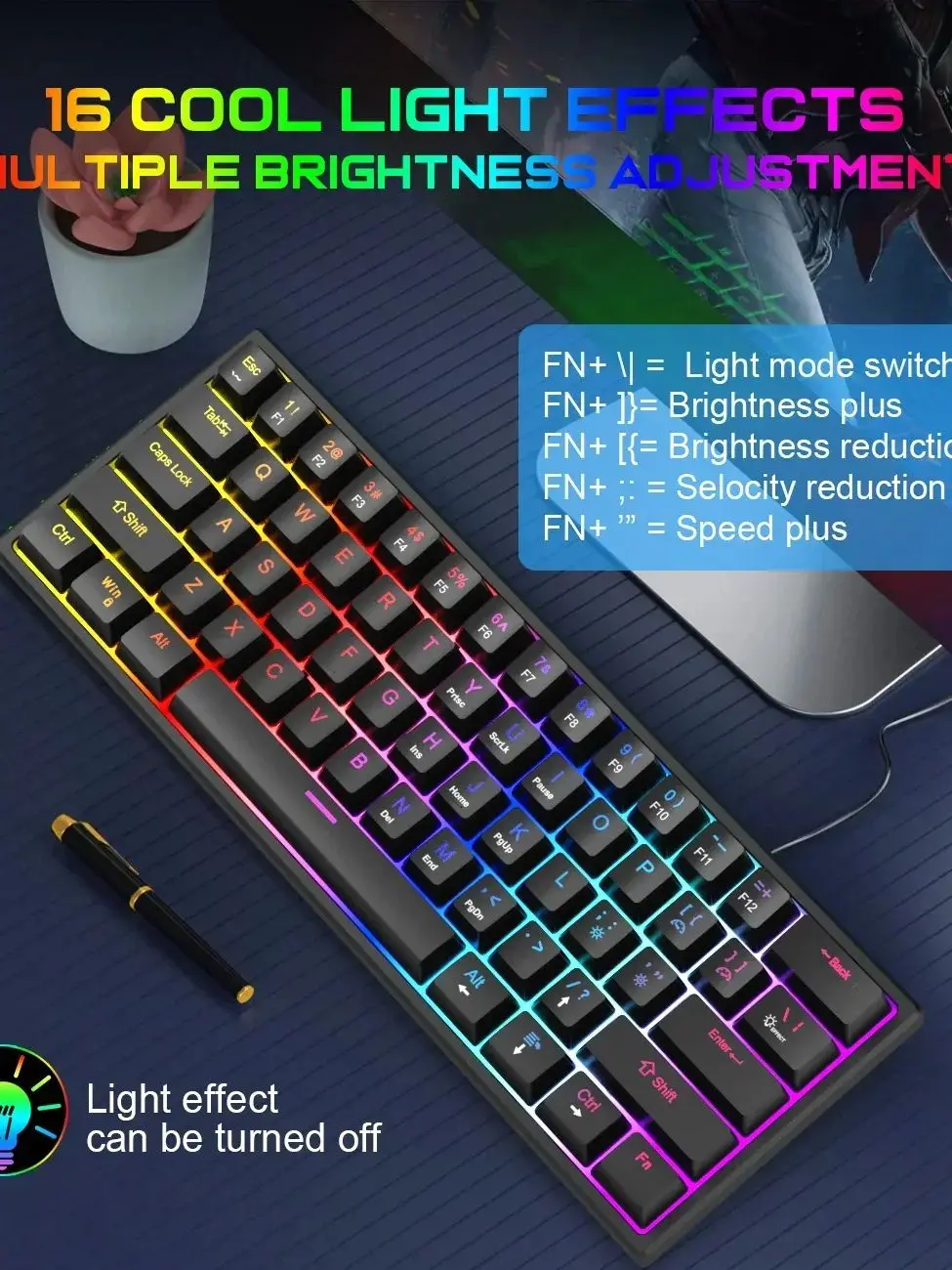 Klawiatura mechaniczna z 104 klawiszami, przewodowa klawiatura gamingowa do laptopa/PC, ergonomiczna, podświetlana RGB, 61 klawisz, klawisze z cyjanową osią. — zdjęcie produktu 7