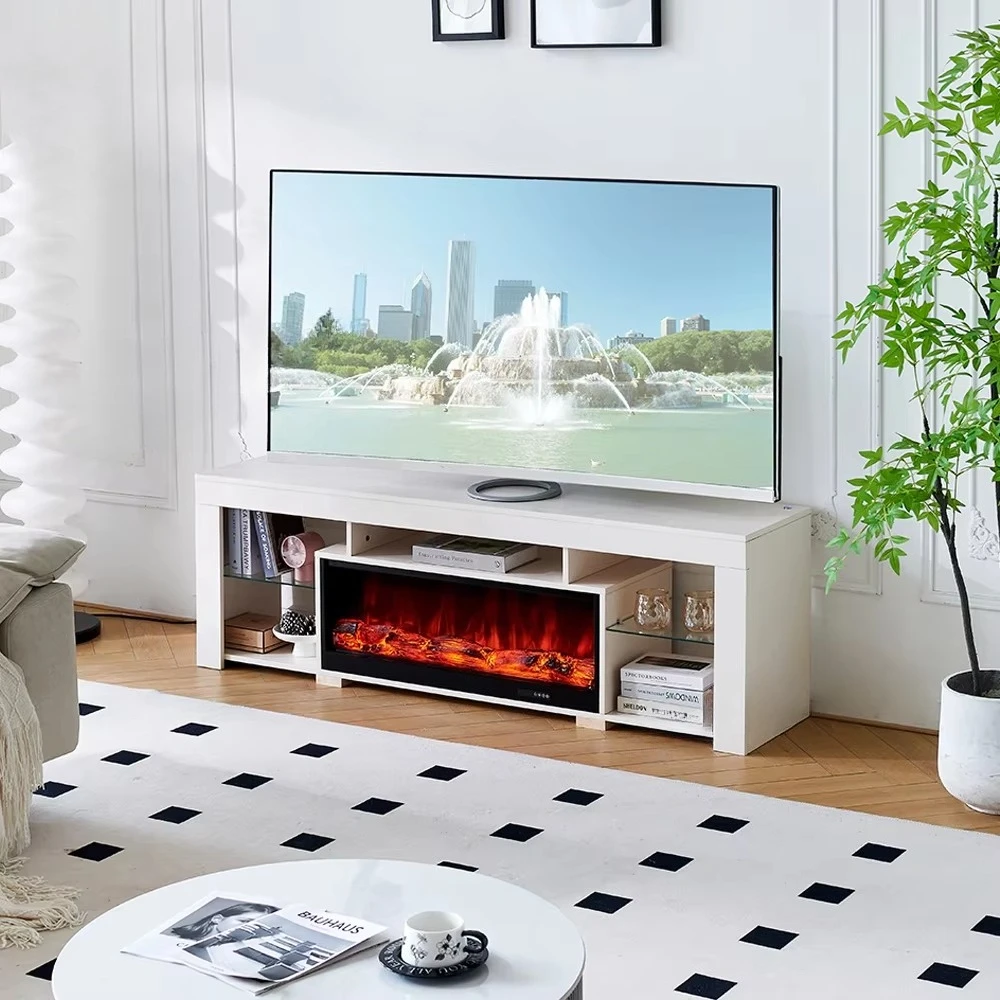63 Inch Modern LED Light Glass TV Storage Cabinet Electric Fireplace Insert with White TV Stand for Living Room