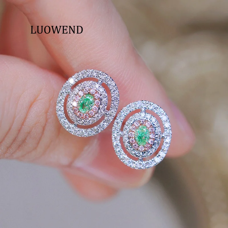 

Серьги LUOWEND из 100% белого золота 18 карат для женщин, серьги-гвоздики с натуральными зелеными бриллиантами, модные овальные серьги, высококачественные свадебные украшения