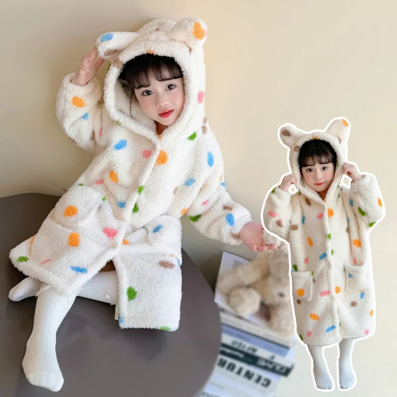 الفتيات الخريف الشتاء رداء رشاقته بيجامة مجموعة لينة روب للنوم البولكا نقطة المتسكعون مقنعين ثوب النوم العصرية ملابس الأطفال #4