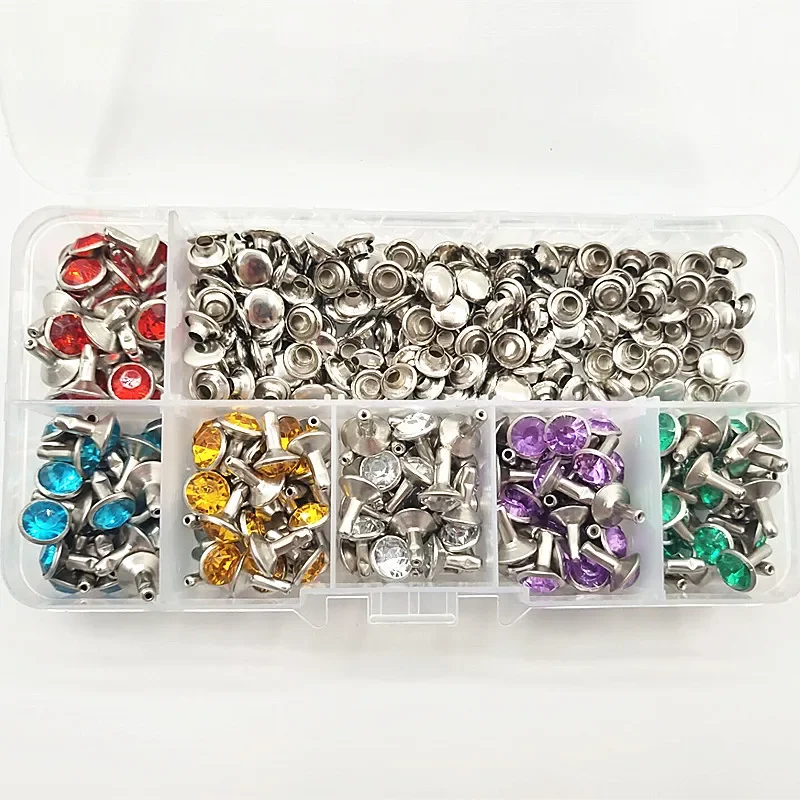 Acrylic Rhinestone Rivets, Diamond Studs for Leathercraft, Double Deco Rivets for Leather Clothing, DIY, 8x7mm, 180 sets/box