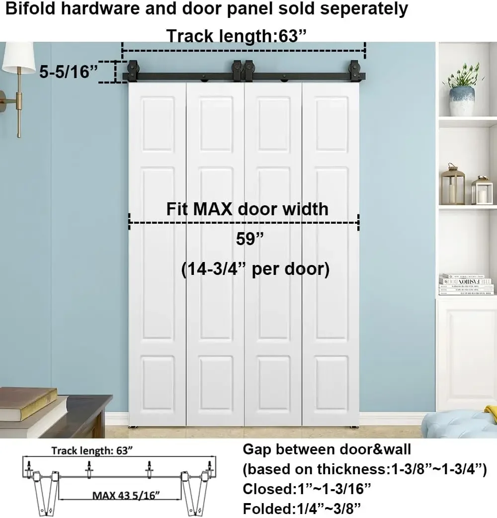 63in Bi-Folding Sliding Barn Door Hardware,1 Piece Sliding Track Top Mount Roller,Kit for 4 Doors(NO Door),Fit MAX Door Width