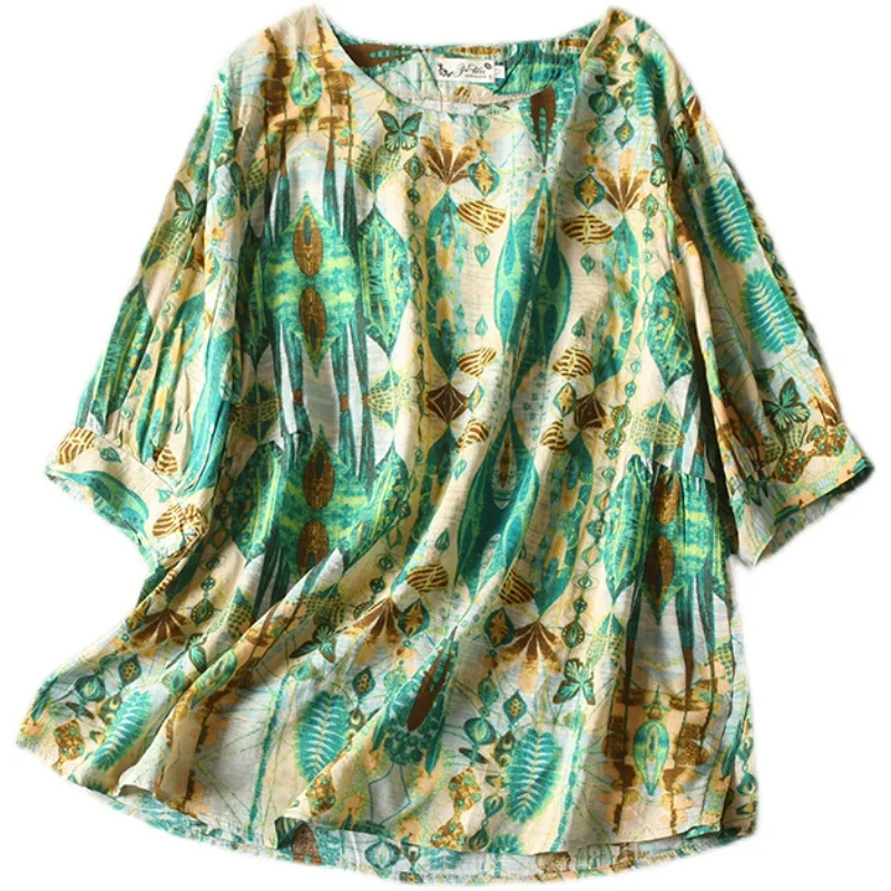 Slimming Floral Print T-irt plus Size Women's round Ne ort Sve Casual Top Thin Sle Cover Belly Summer Leisure Wear