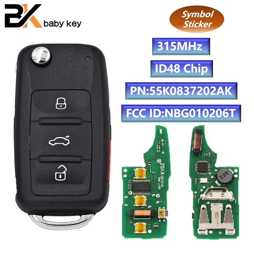 

BB Key for VW Tiguan Beetle EOS Golf Jetta Passat 315MHz ID48 Chip FCC ID:NBG010206T PN:55K0837202AK Keyless Go Flip Remote Key