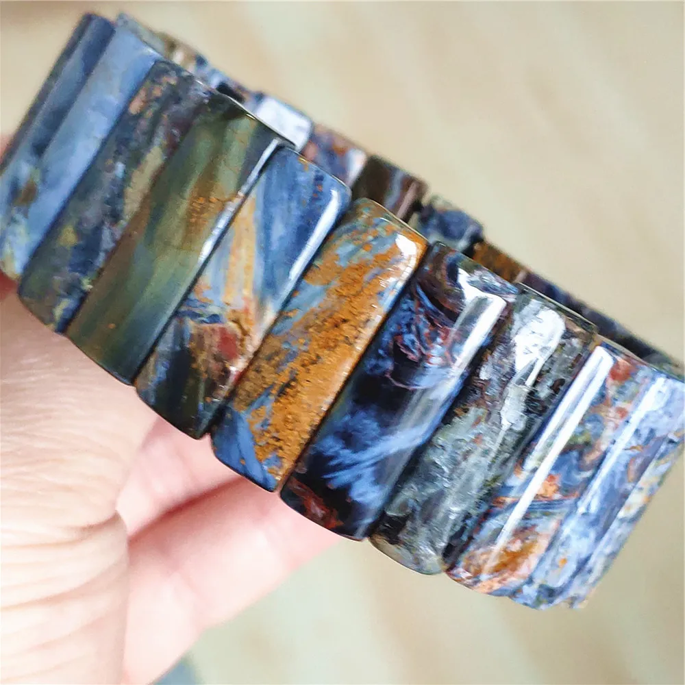 Natural Blue Pietersite Chatoyant Rectangle Bead Bracelet Jewelry Big Bangle 27x8mm Healing Cat Eye Namibia Women Men AAAAAA