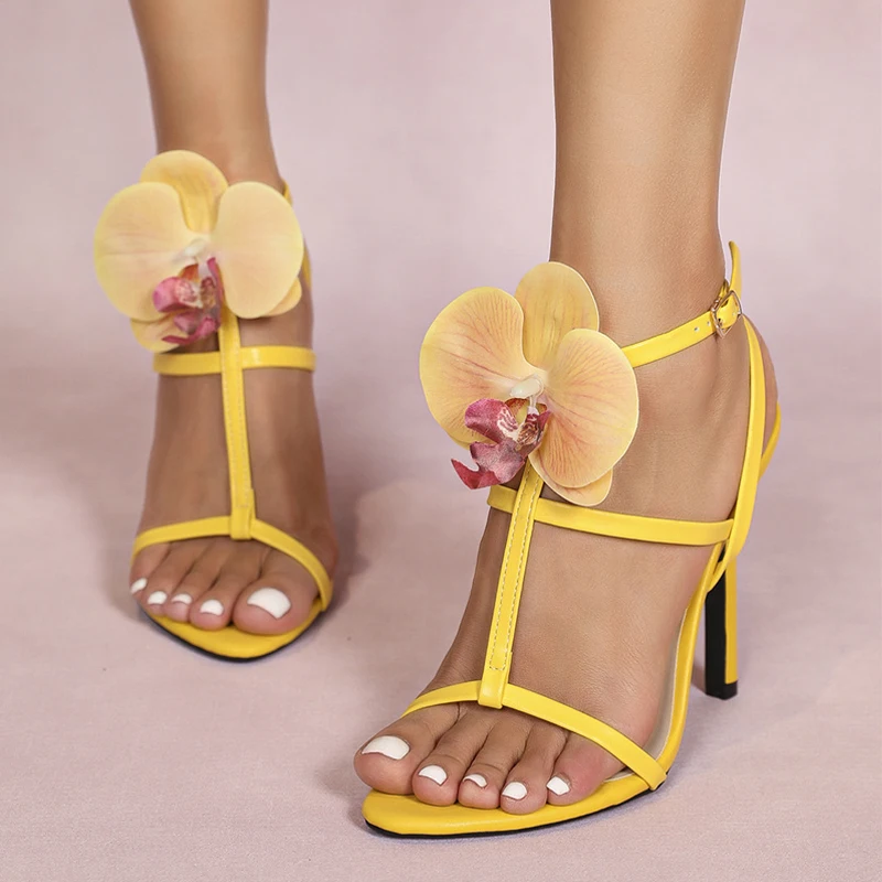 Liyke Summer Fashion Flowers Ankle Strap Gladiator Sandals Women Cozy Open Toe Yellow High Heels Party Dress Shoes Size 36-43