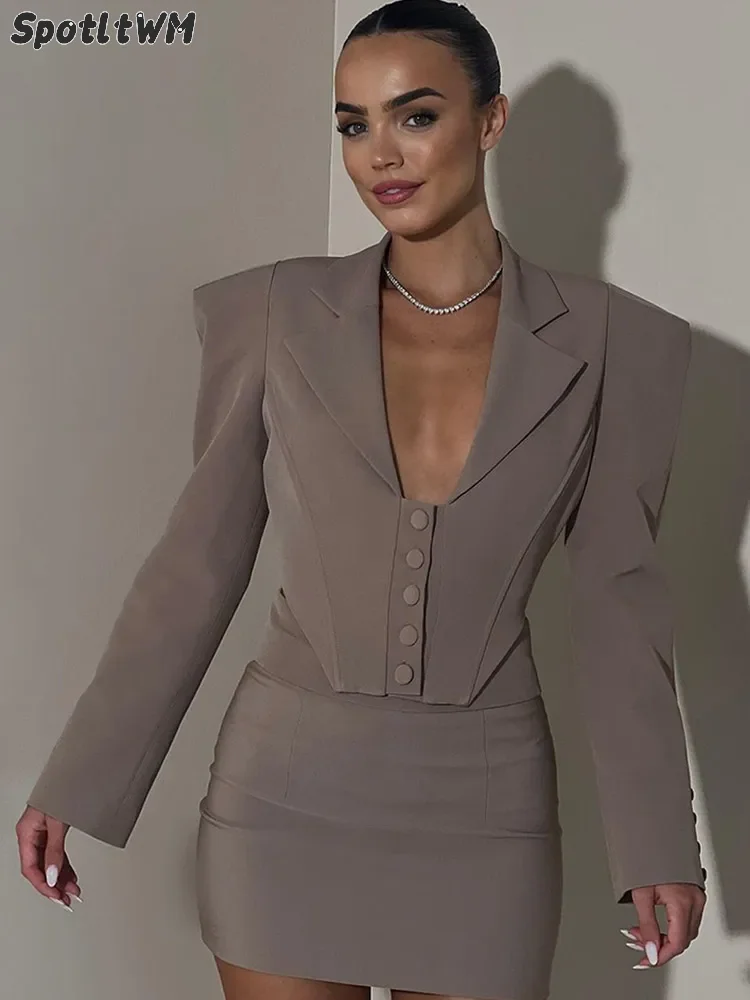 Blazer boutonné évidé à revers pour femmes, haut 2 pièces, manches longues, jupes minces pour femmes, olympiques pour femmes, tenues High Street, nouvelle mode, 2025