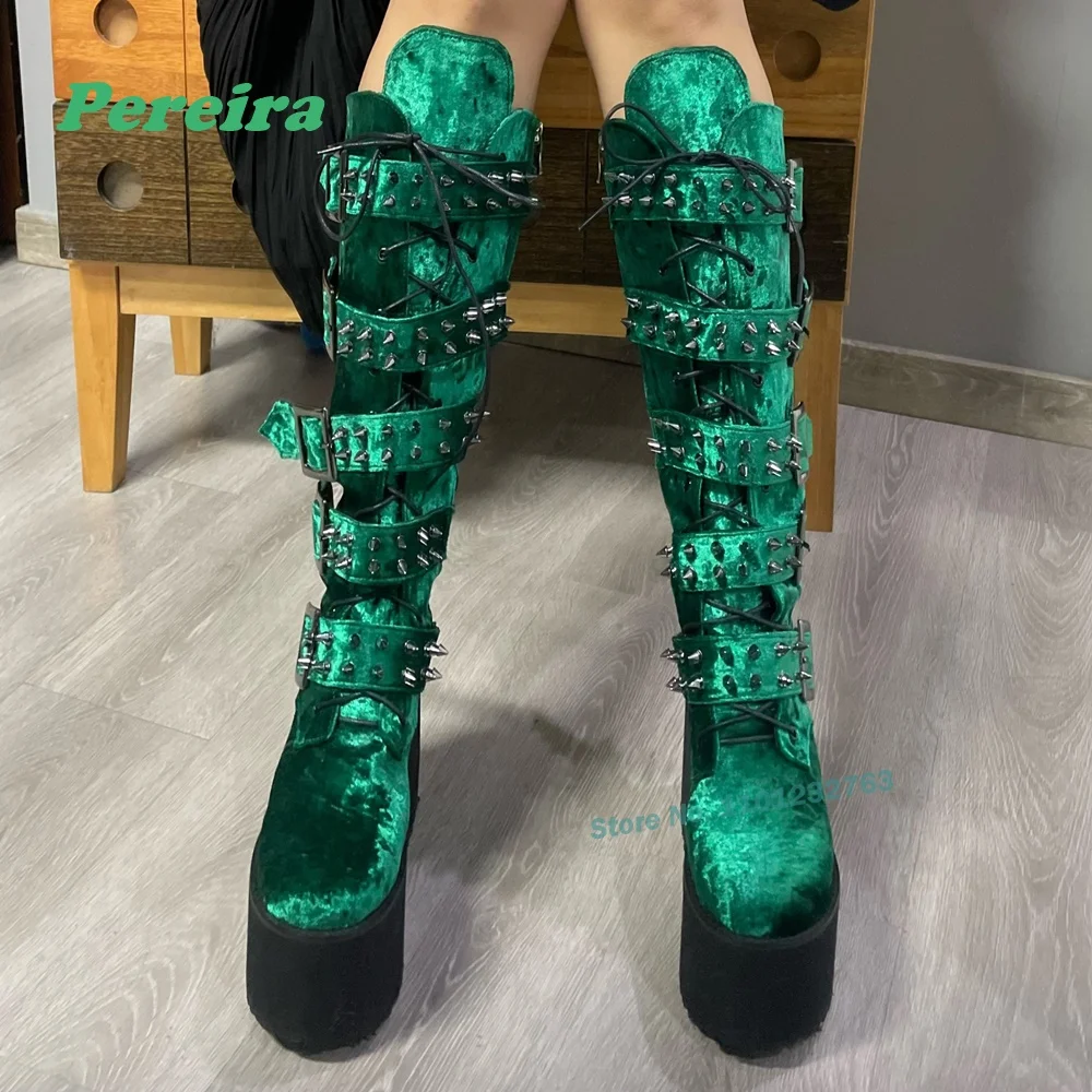 Green Rivet Punk Boots Wedges Platform Belt Buckle Knee High Women\'s Boots Couple Gothic Stud Height Increasing Shoes Casual