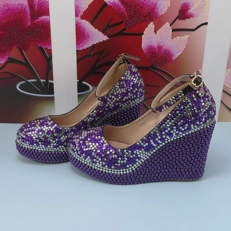 BaoYaFang Purple Multicolored Bridal wedding shoes For Women Round Toe High Heel Wedges Pumps Party dress shoes and Purse set