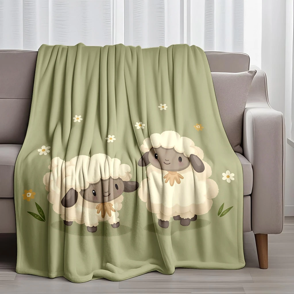 A Cozy Fleece Blanket Featuring a Sheep Design on Grass, with High-Definition Digital Printing, Suitable for All Seasons, a Cool